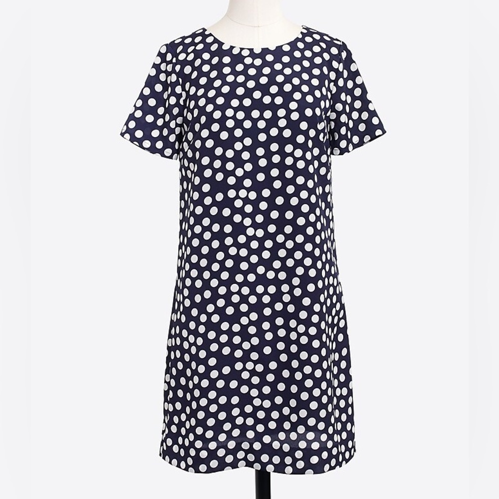J. CREW Navy Blue White Polka Dot Short Sleeve Spot Shift Dress Size 6 EUC